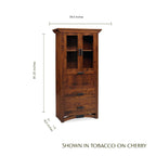 Tobacco on cherry wooden secretary desk with glass doors and dimensions shown