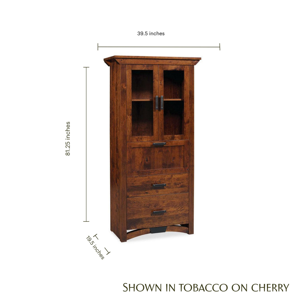 Tobacco on cherry wooden secretary desk with glass doors and dimensions shown