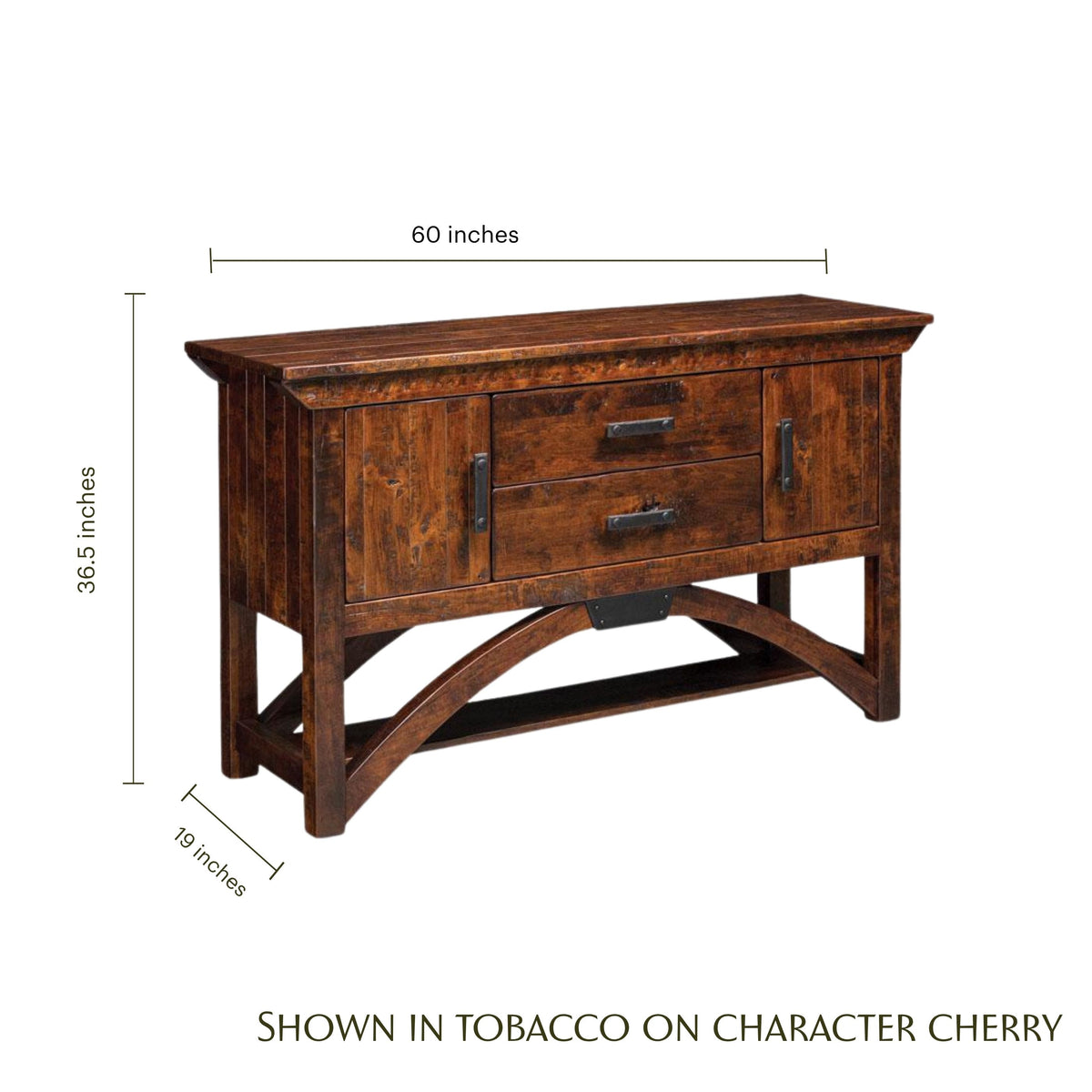 Rustic cherry wood sideboard in tobacco finish with dimensions, featuring drawers, cabinets, and a trestle base.