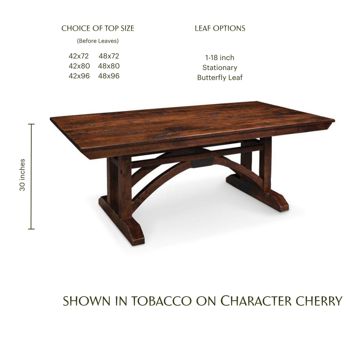 B&O Railroad Trestle Table in tobacco on character cherry wood with size options