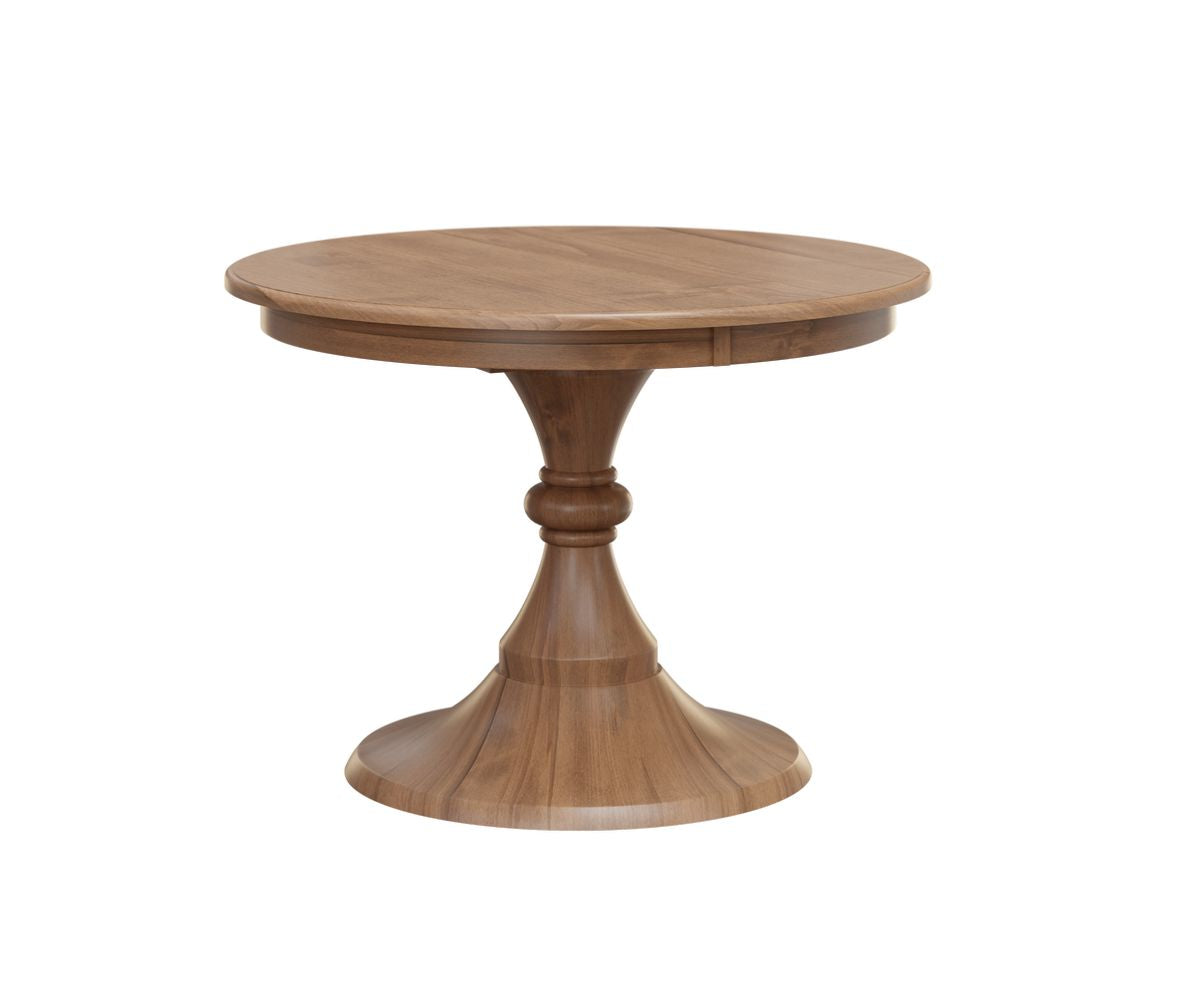 Houston round dining table in brown maple wood with an hourglass pedestal base.