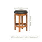 Amish barrel swivel barstool in oak wood with a black leather seat and dimensions.