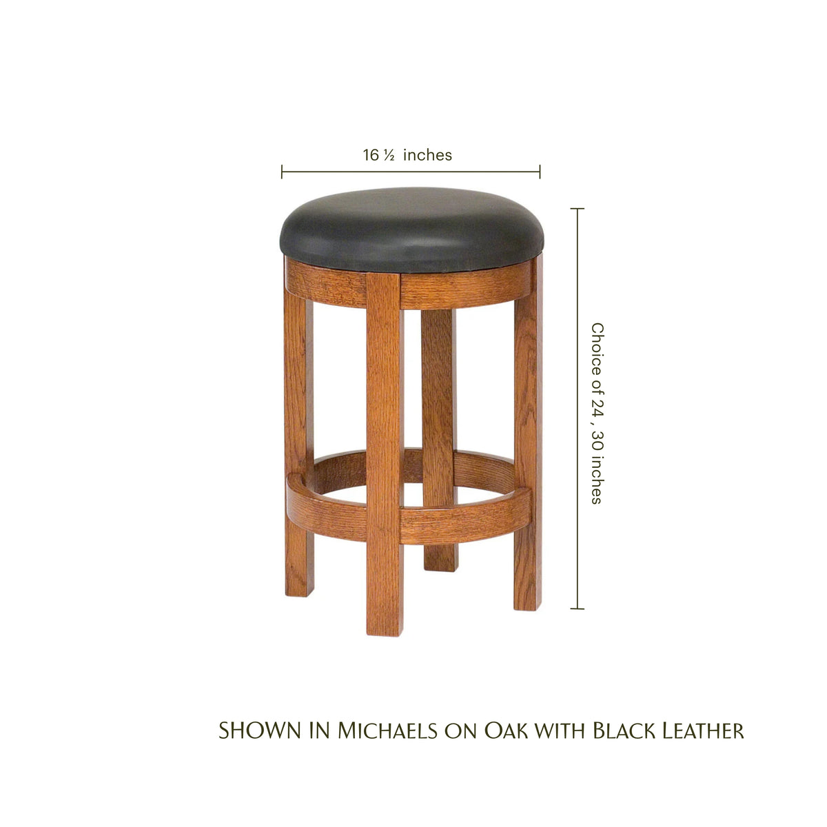 Amish barrel swivel barstool in oak wood with a black leather seat and dimensions.