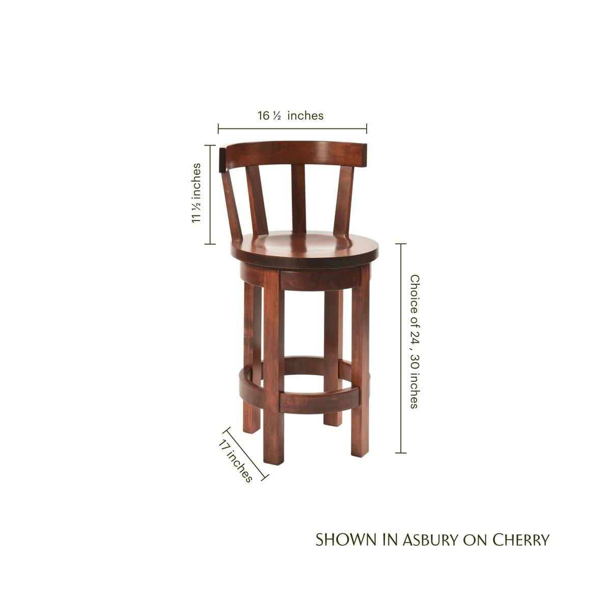 Amish barrel swivel barstool with back in Asbury on Cherry wood finish, showing dimensions.