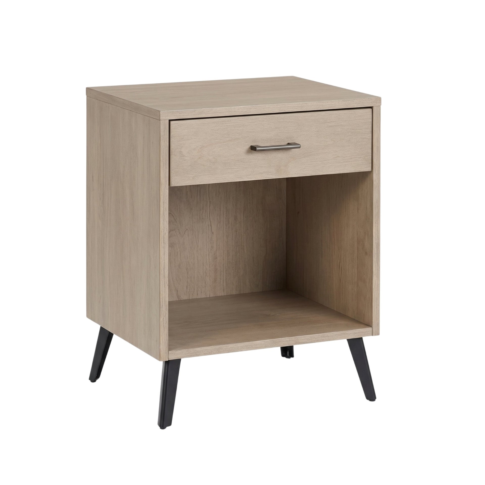 Bergen light wood 1-drawer nightstand with open shelf and tapered black metal legs