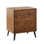 Bergen midcentury 2-drawer walnut wood nightstand with black metal legs.