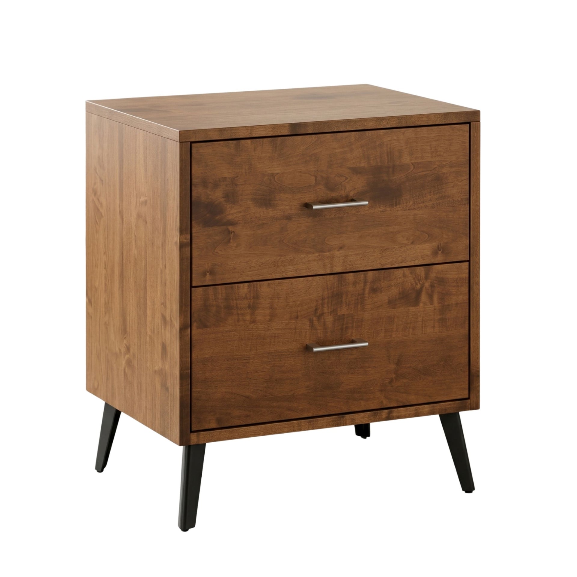 Bergen midcentury 2-drawer walnut wood nightstand with black metal legs.