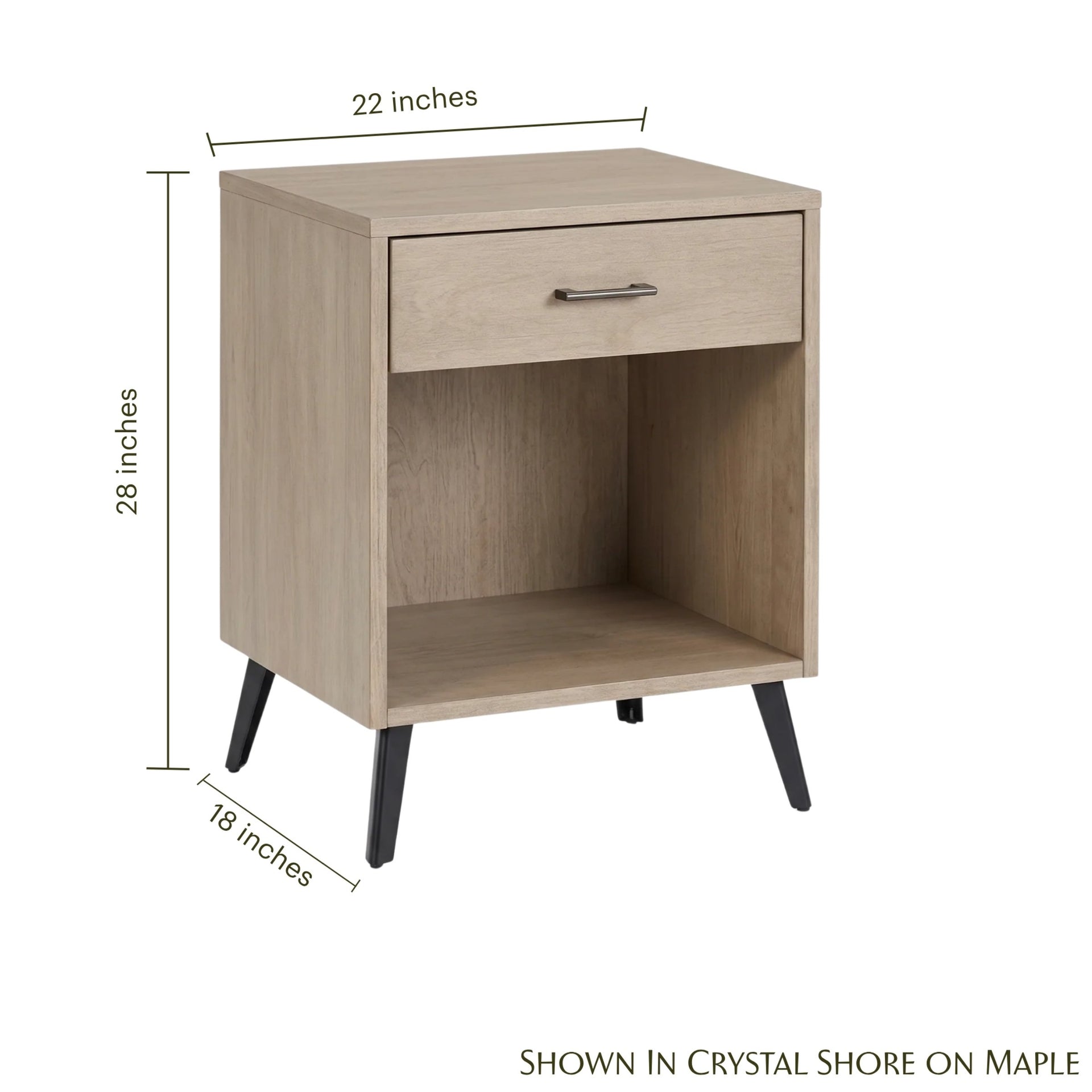 Bergen 1-drawer maple nightstand in Crystal Shore with black metal legs and dimensions shown.