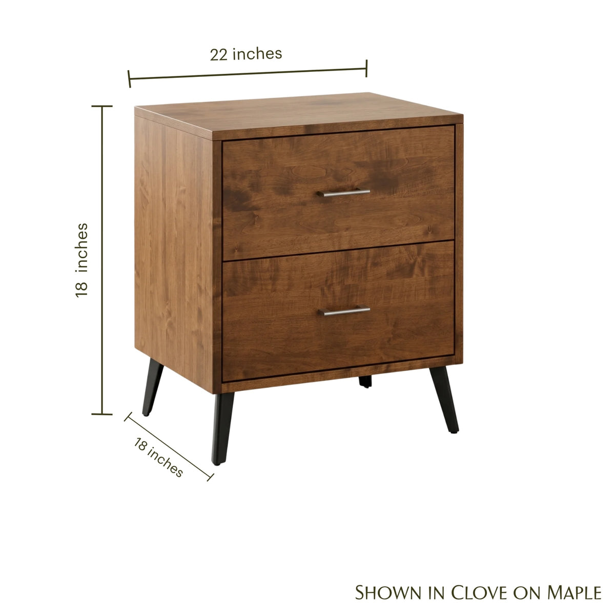 Bergen 2-drawer midcentury maple nightstand in clove finish with dimensions.