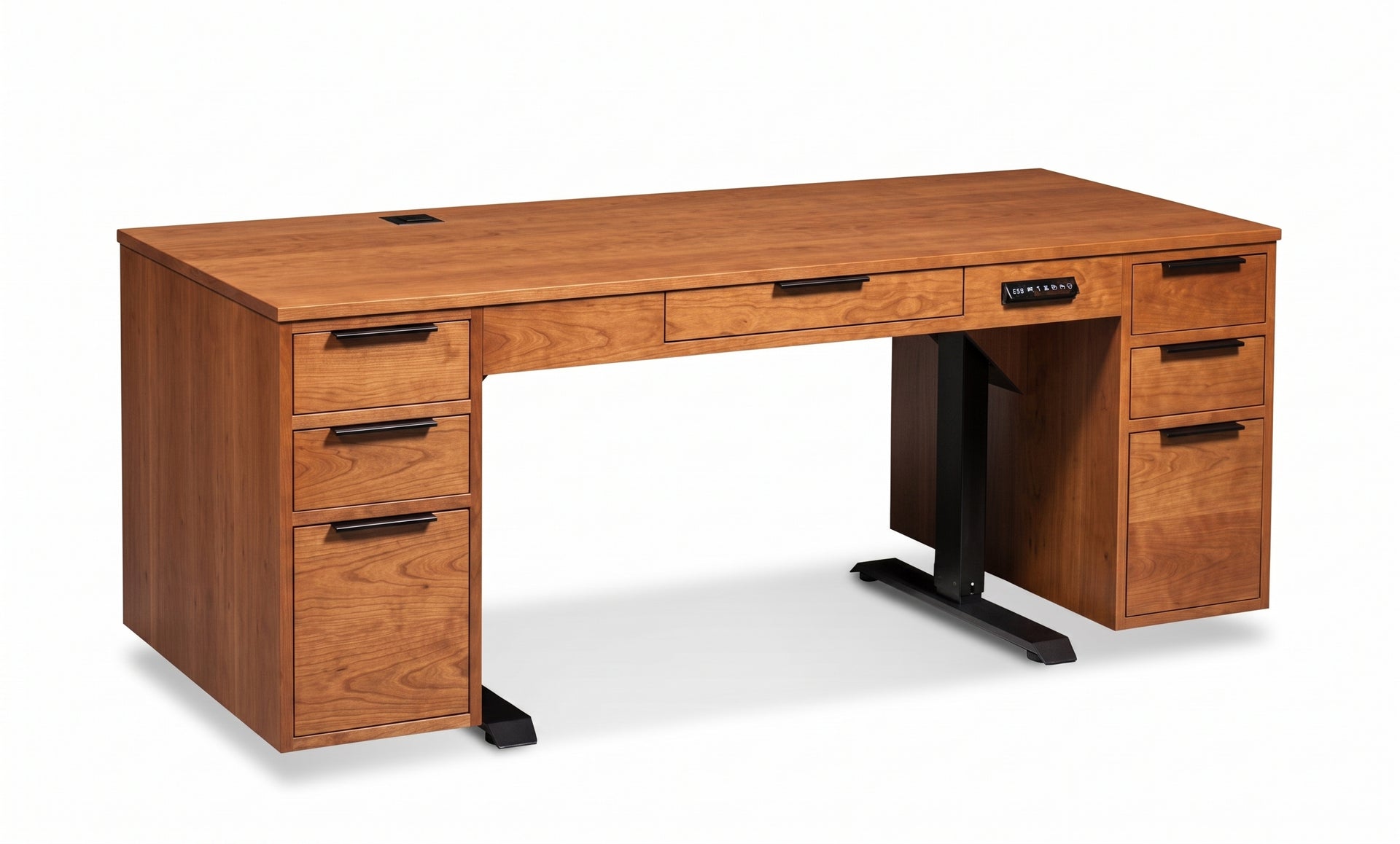 Blocher III solid wood executive lift desk with six drawers and a black metal height-adjustable base.
