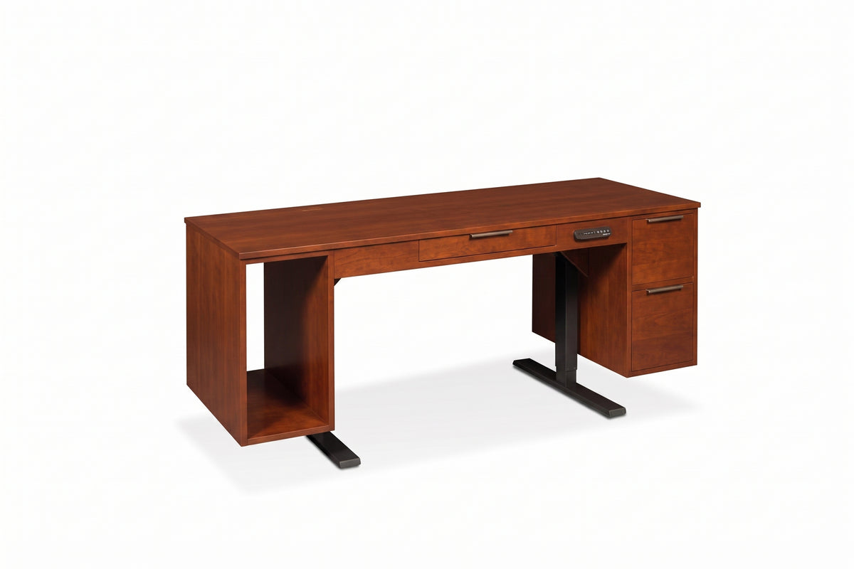Blocher Lift Desk in cherry wood with adjustable height legs, built-in drawers, and open shelving.