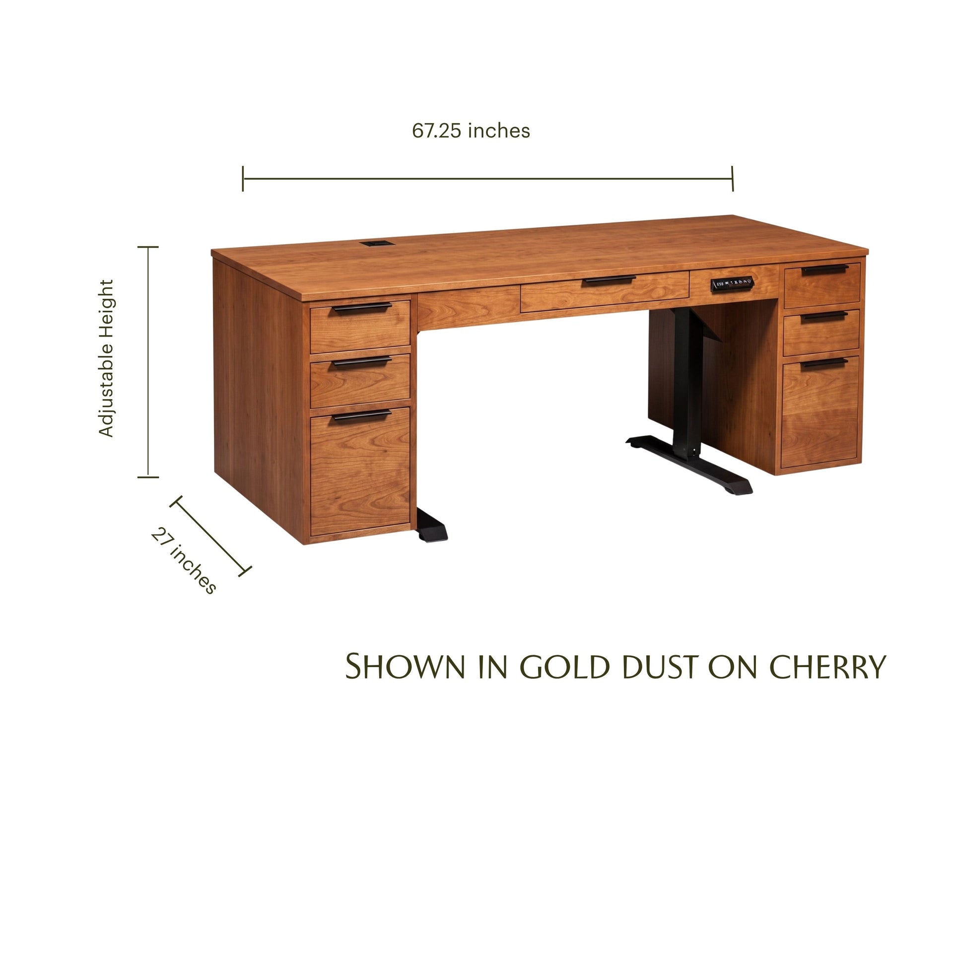 Blocher III cherry wood adjustable height executive desk with dimensions shown