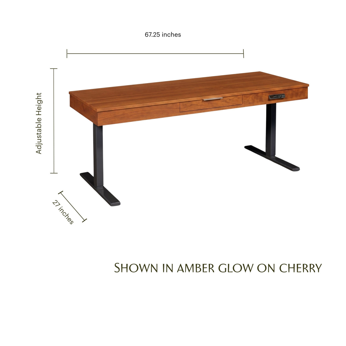 Blocher II cherry wood lift desk with black metal legs and dimensions shown