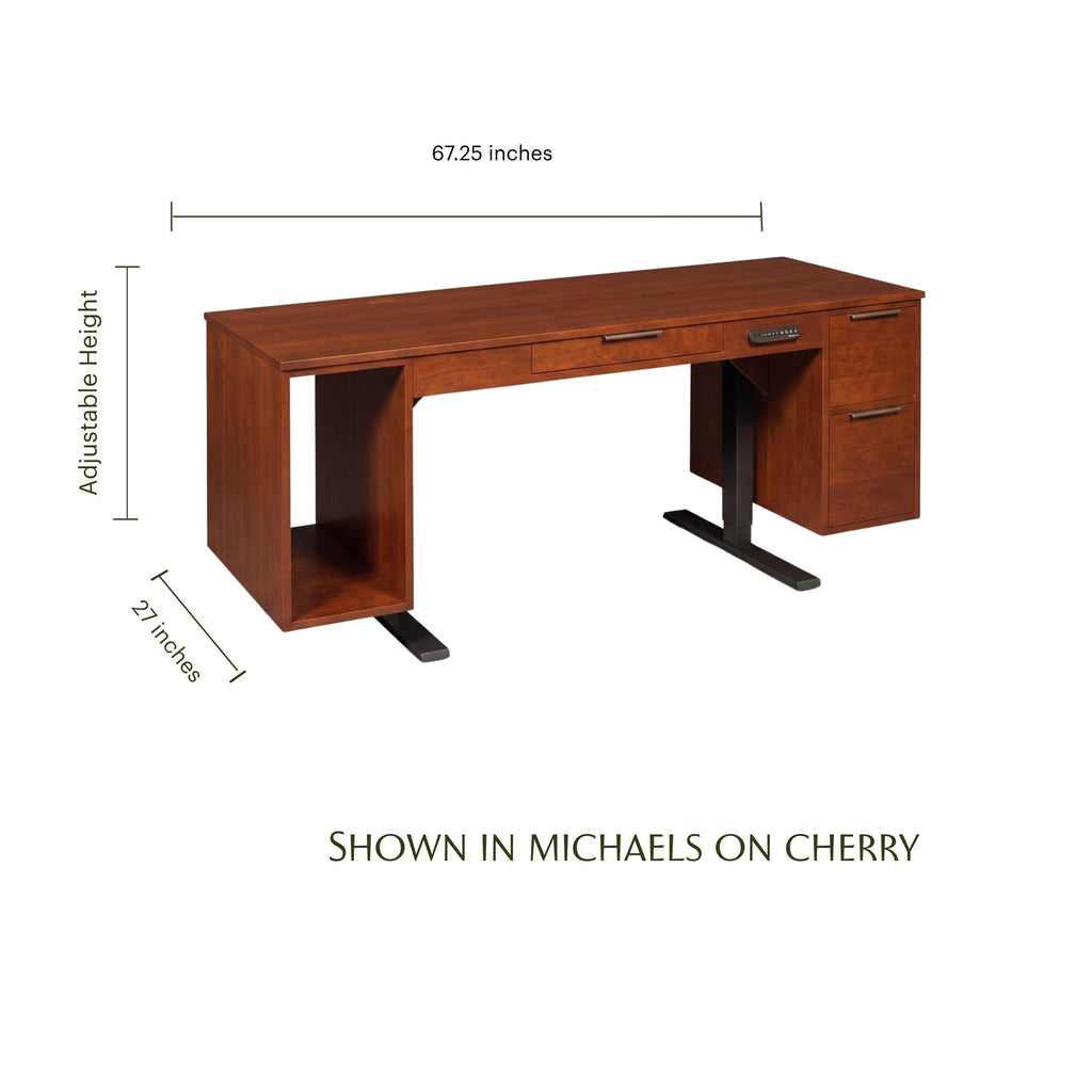 Blocher cherry wood lift desk with dimensions, featuring adjustable height legs and built-in drawers.