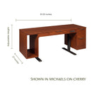 Blocher cherry wood lift desk with dimensions, featuring adjustable height legs and built-in drawers.