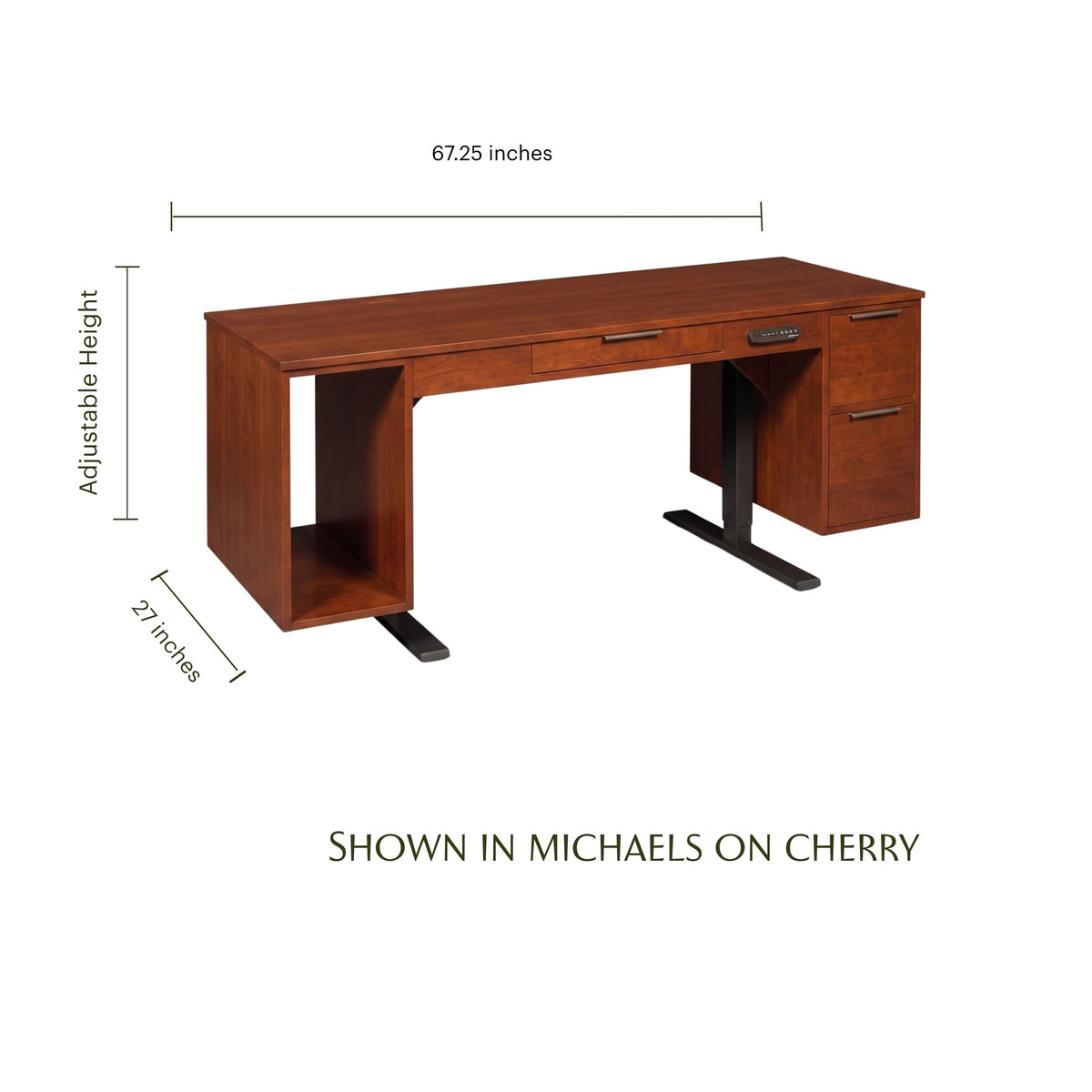 Blocher cherry wood lift desk with dimensions, featuring adjustable height legs and built-in drawers.