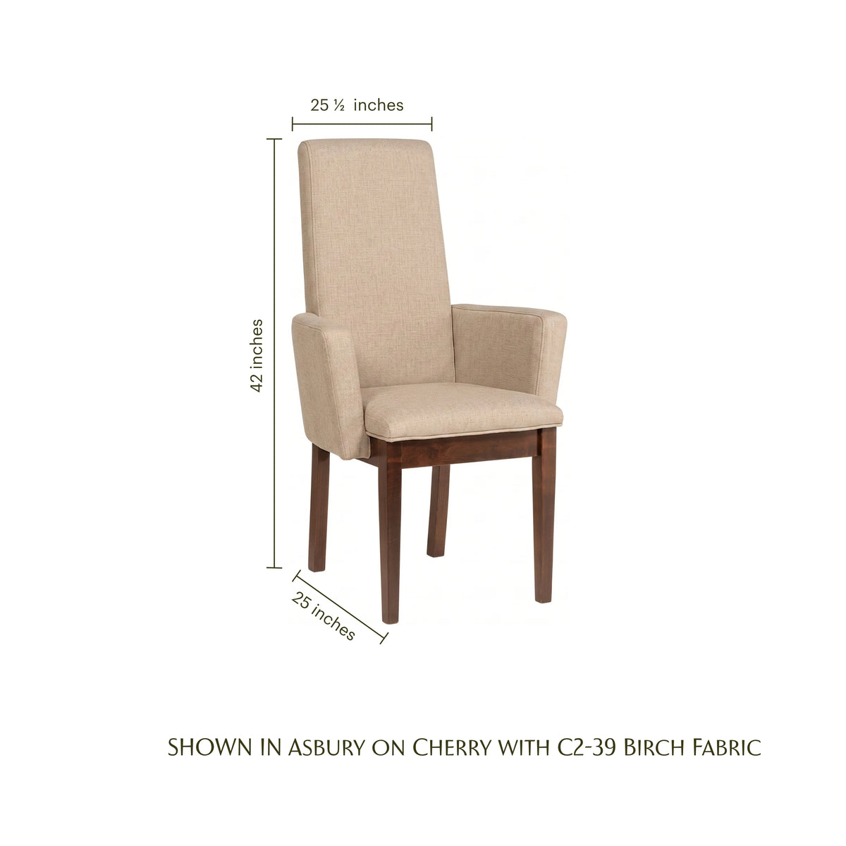 Bradbury upholstered arm chair in birch fabric with dark cherry wood legs and dimensions.
