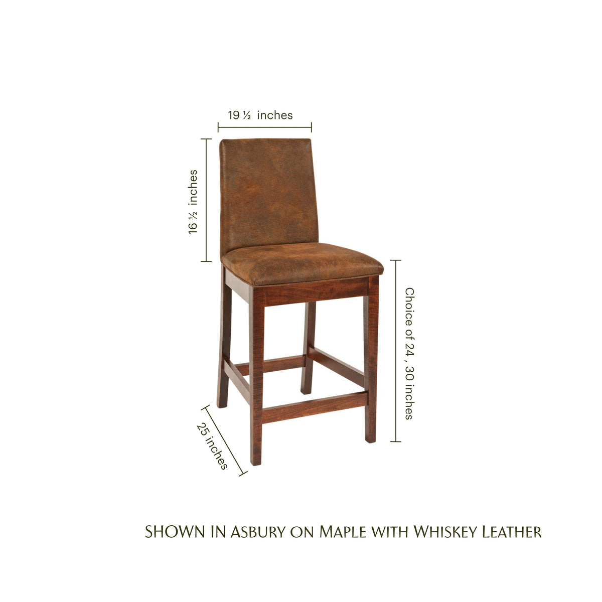 Bradbury Bar Chair in whiskey leather and Asbury maple wood with dimensions shown