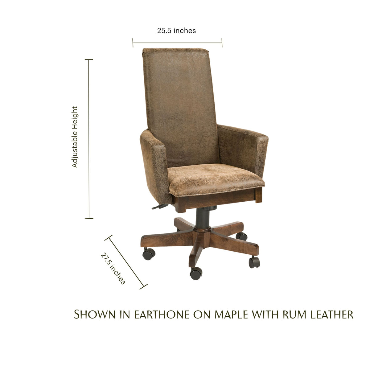 Bradbury brown leather desk chair with maple wood base and dimensions shown.