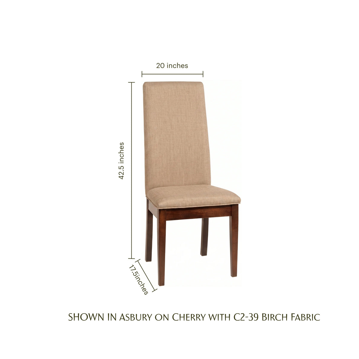 Bradbury upholstered dining chair in birch fabric with cherry wood legs and dimensions.