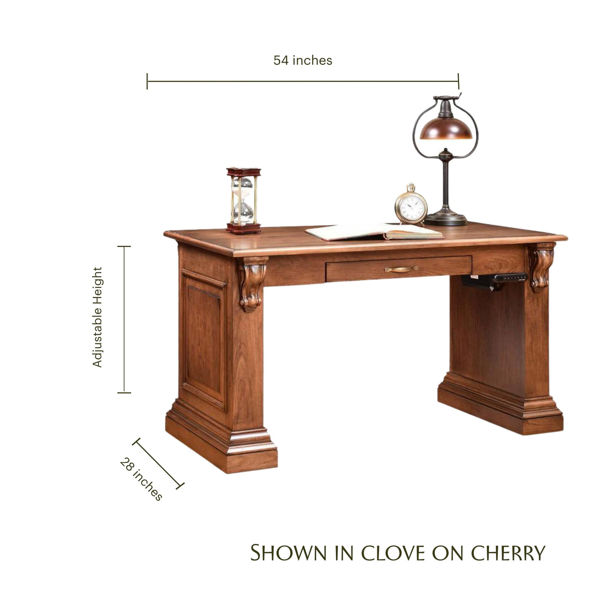 Bradford adjustable height solid wood writing desk in clove on cherry finish with dimensions.