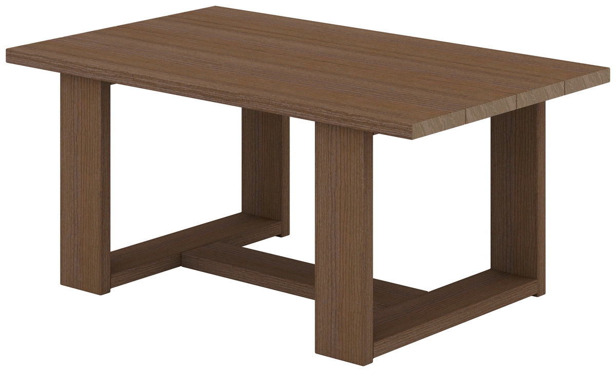 Modern Brazilian Walnut outdoor coffee table with a slatted top and sturdy block legs.
