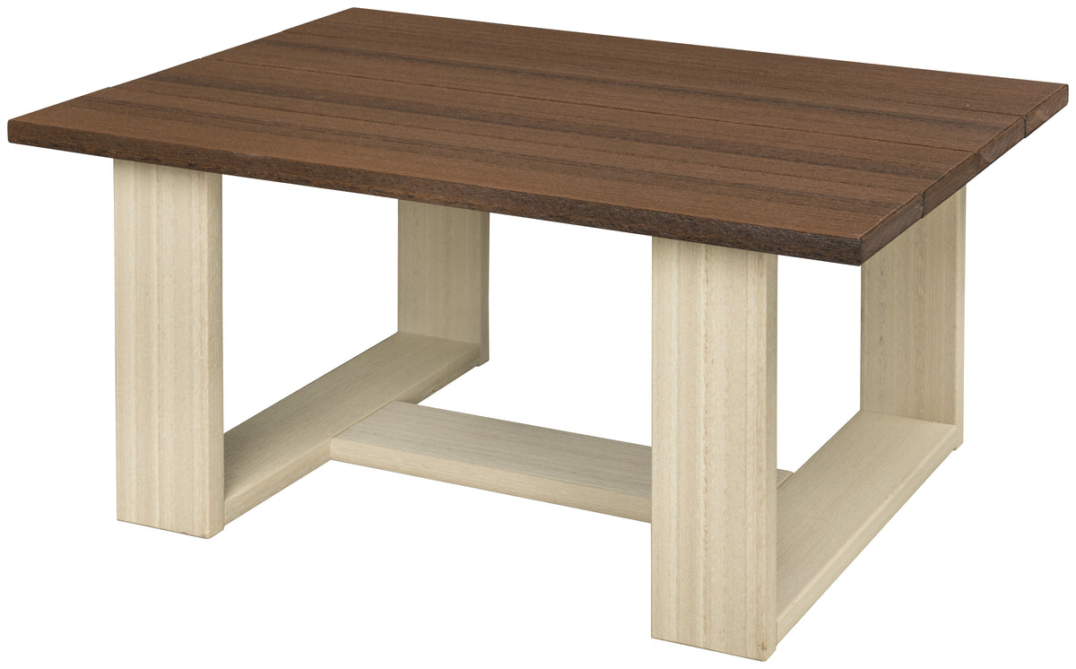 Modern outdoor coffee table in Brazilian Walnut with a light beige base.