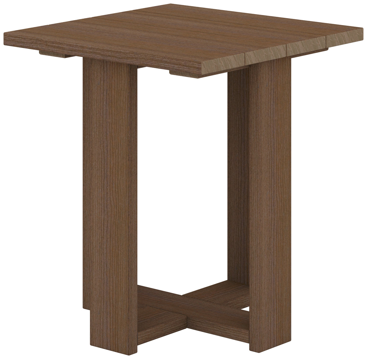 Modern brown wood-look outdoor end table with a square slatted top and cross base.