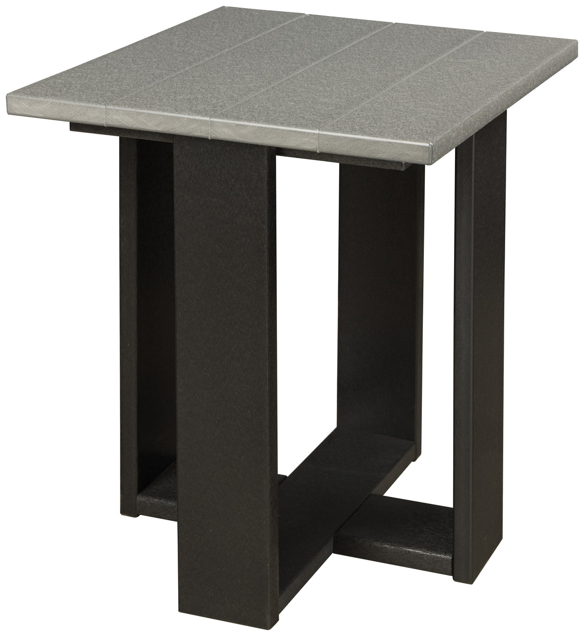 Modern outdoor end table with a gray slatted top and black recycled plastic legs.