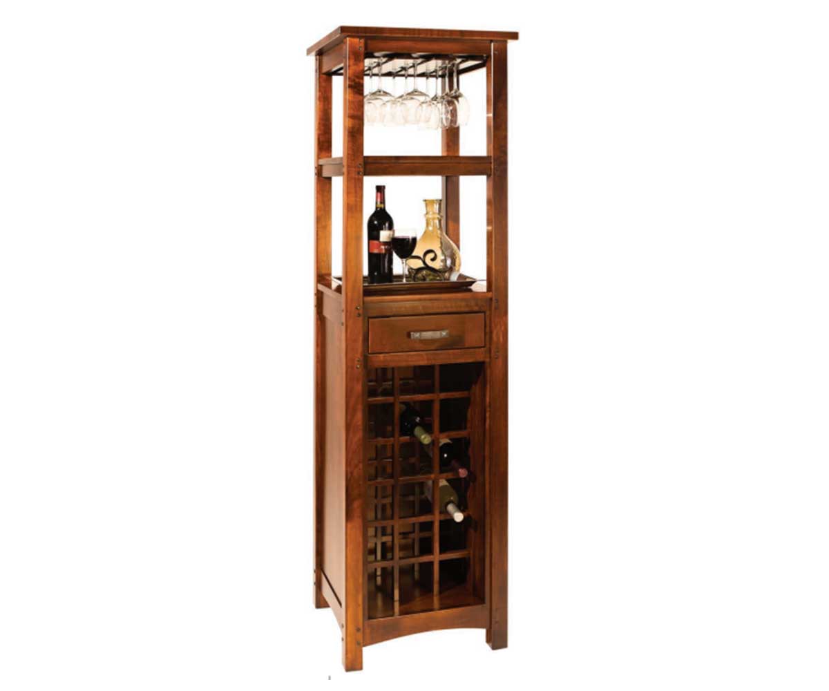 Brunswick tall wooden wine tower with built-in glass racks, drawer, and bottle storage grid.
