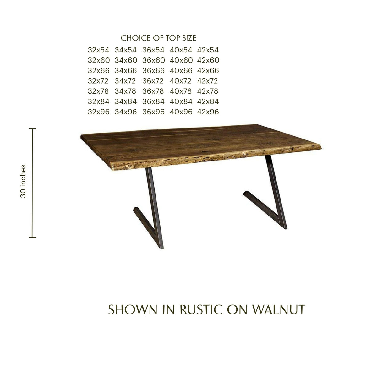 Rustic walnut live edge dining table with black metal legs and custom size options.