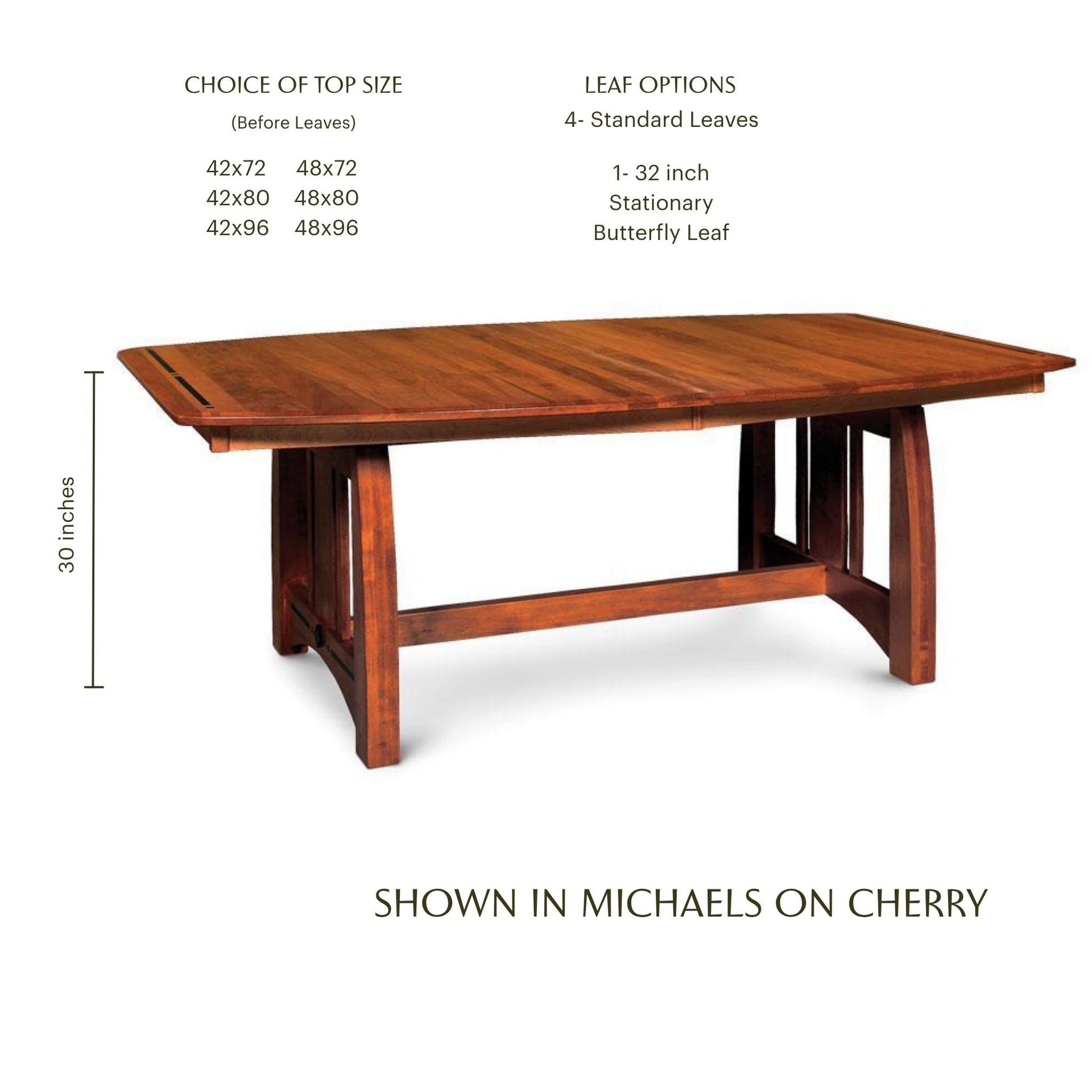 Aspen solid cherry wood trestle dining table with inlay detailing in Michaels finish
