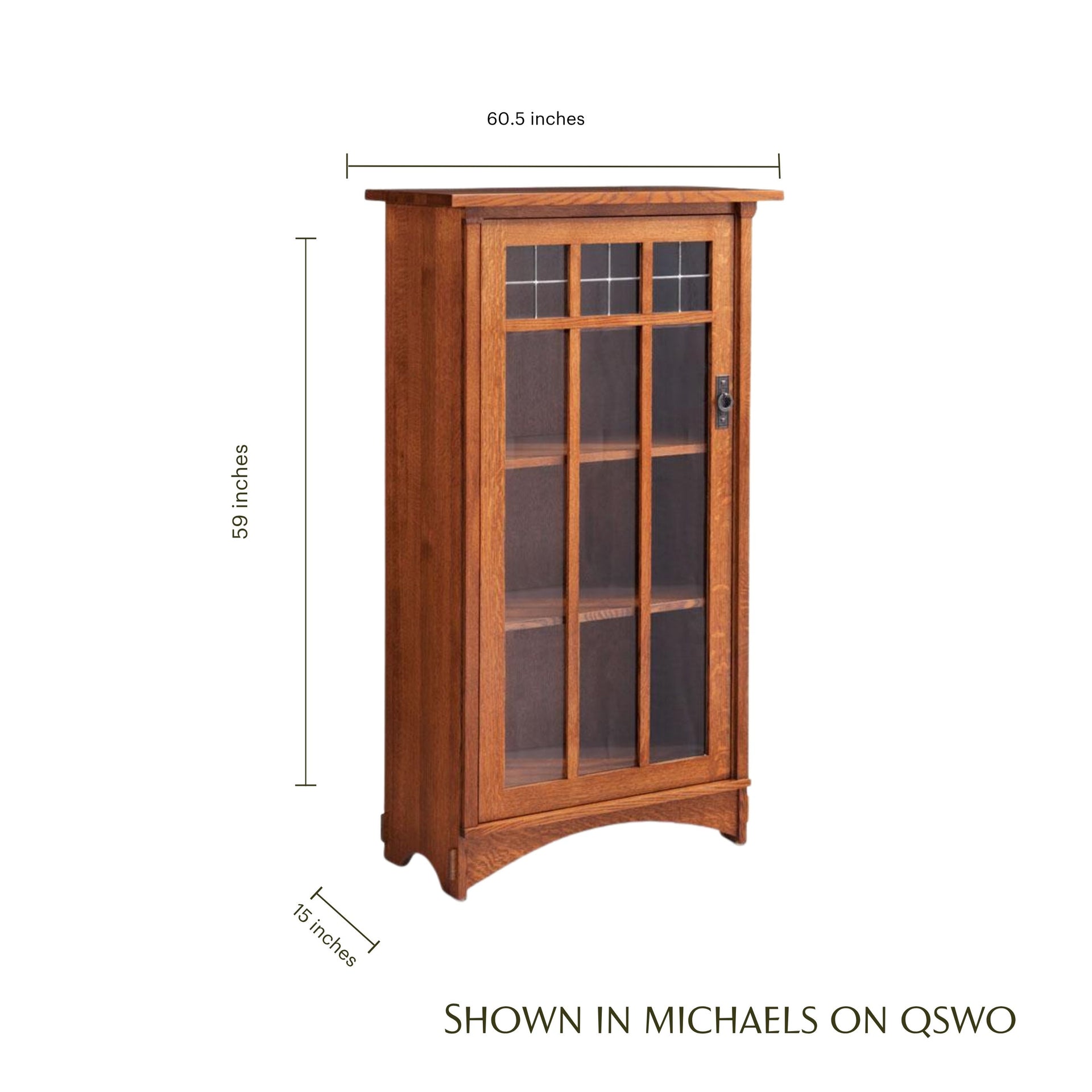 Bungalow 1-Door Bookcase in oak wood with glass door and dimensions shown