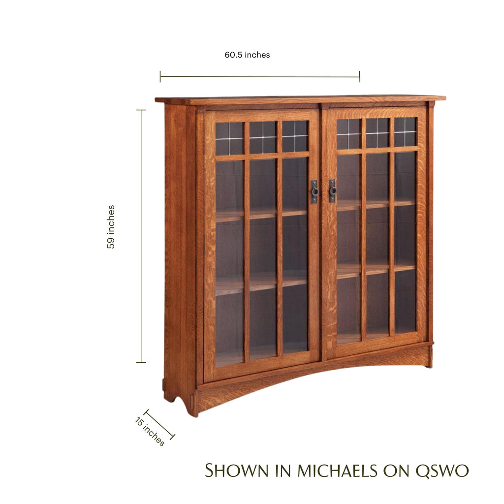 Bungalow 2-door oak bookcase with glass doors, showing dimensions of 60.5 by 59 inches.