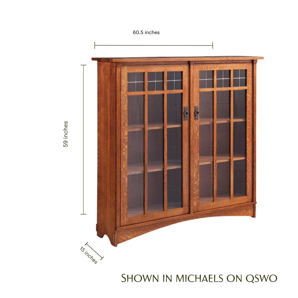 Bungalow 2-door oak bookcase with glass doors, showing dimensions of 60.5 by 59 inches.