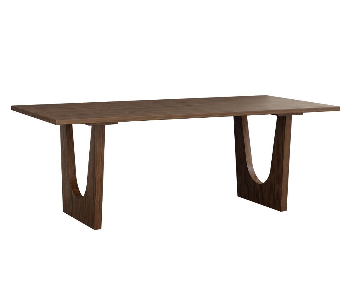 Burrow midcentury trestle table in red oak wood with a cappuccino stain and U-pedestal base