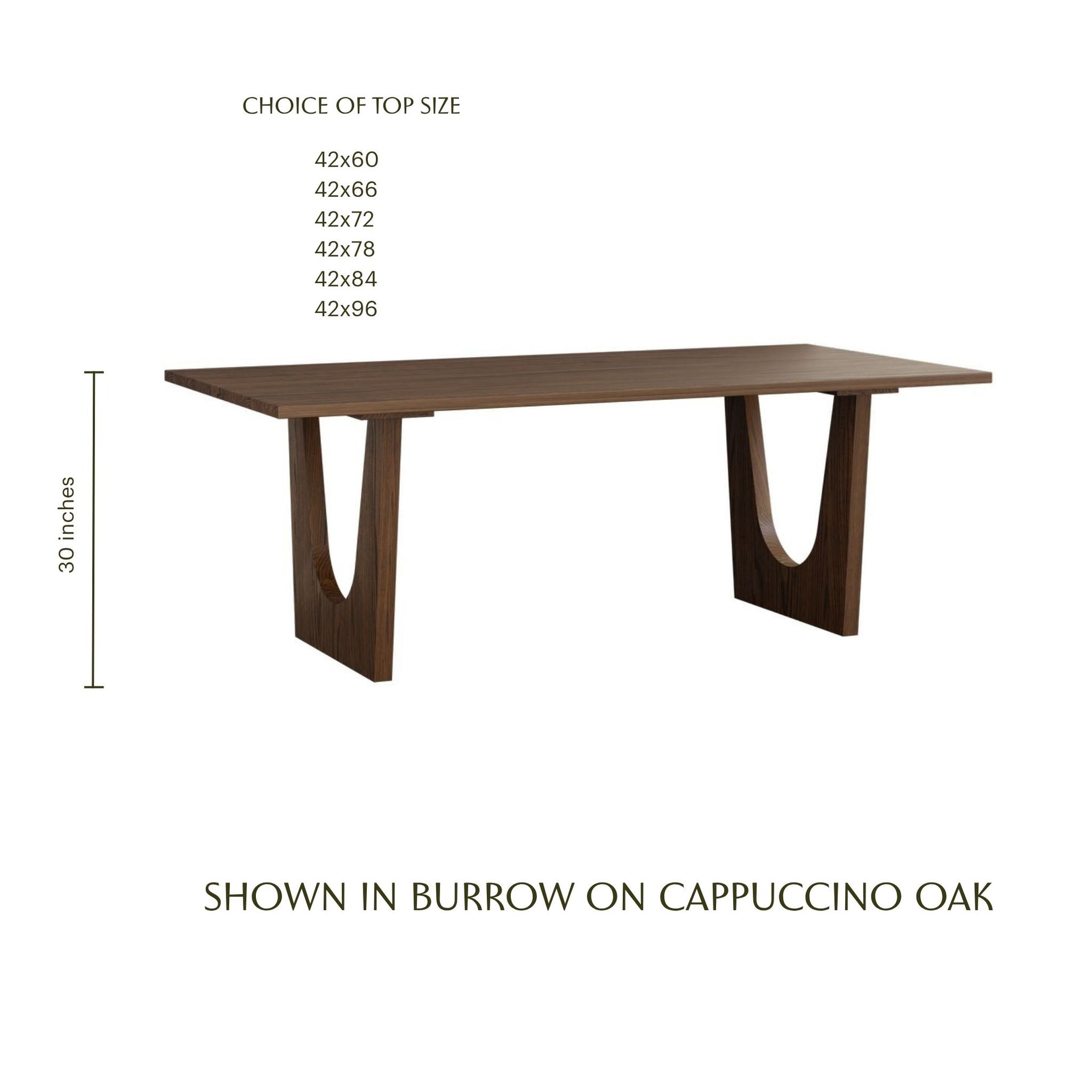 Burrow midcentury trestle table in cappuccino oak with U-shaped pedestal base and size options.