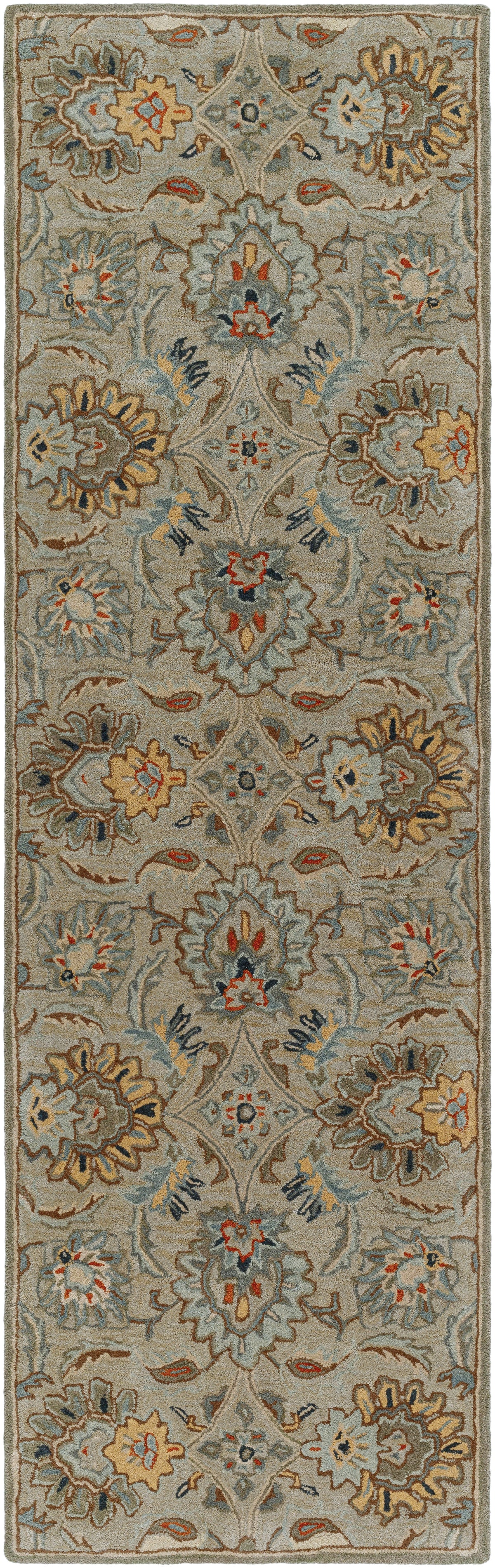 Mediterranean Pewter hand-tufted wool runner rug with gray, red, slate, and tan floral patterns.