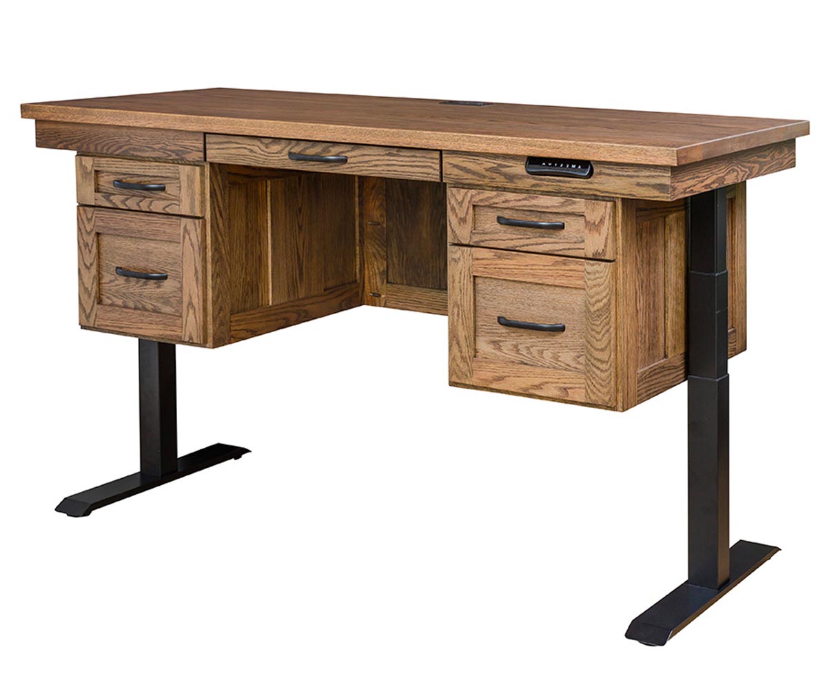 Adjustable height executive desk in brown oak wood with drawers and black metal legs.