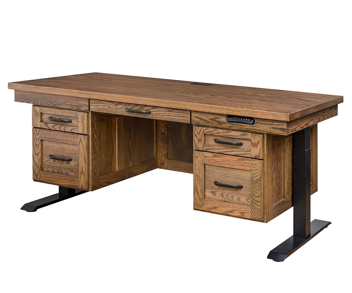 Adjustable height executive desk in brown oak wood with drawers and black metal legs.