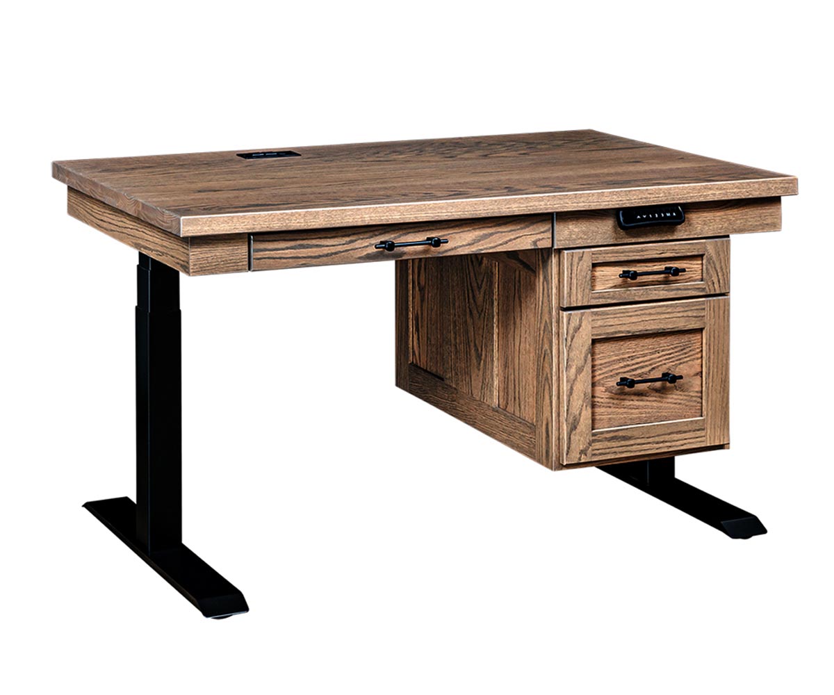 Adjustable height wooden desk with black metal legs, three drawers, and a digital control panel.