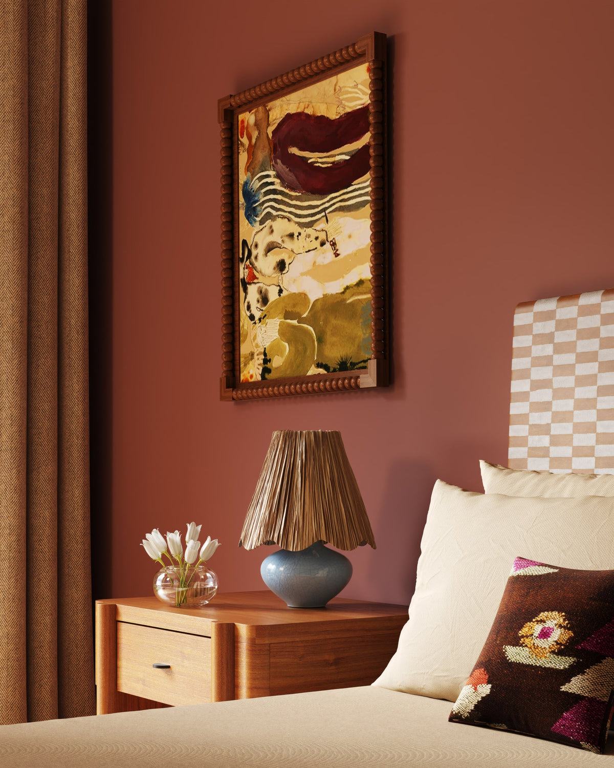 Cailyn Table Lamp with scalloped raffia shade and blue ceramic base on a wooden nightstand.