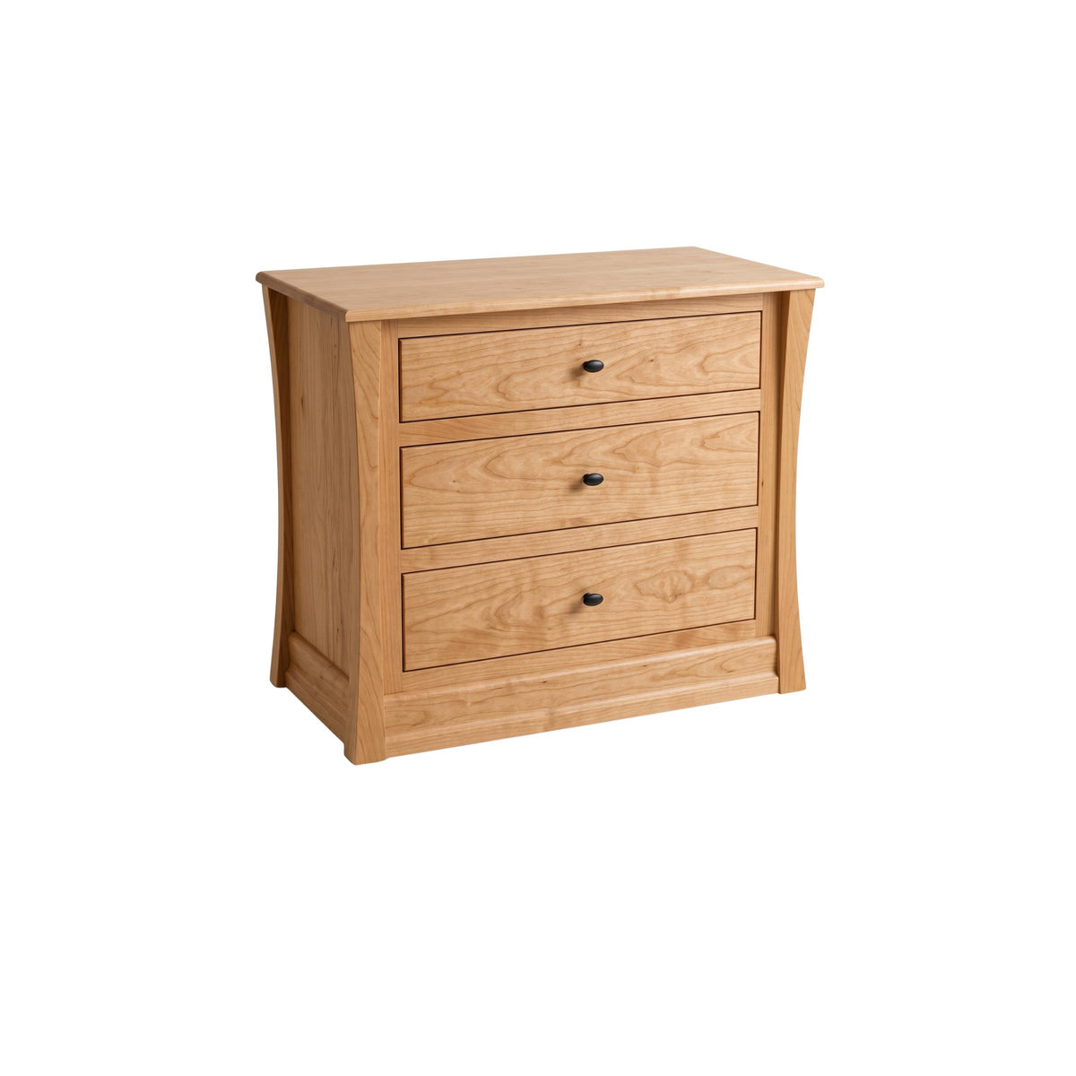 Carlisle 3-drawer solid wood nursery dresser with natural finish and black knobs.