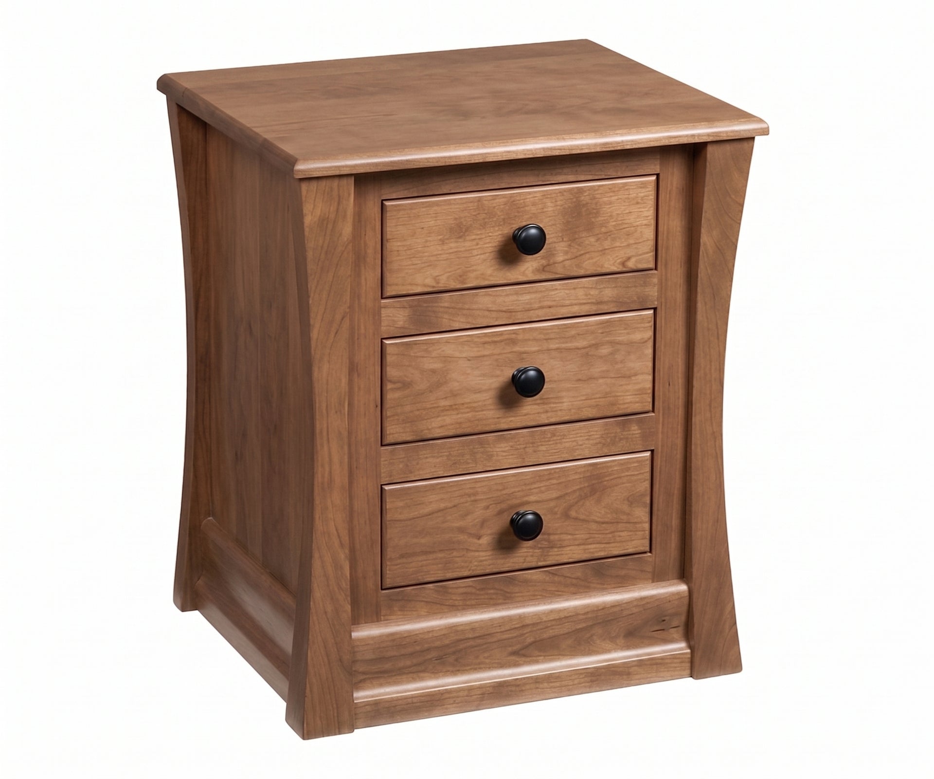 Carlisle solid wood nursery nightstand with three drawers and curved side panels.