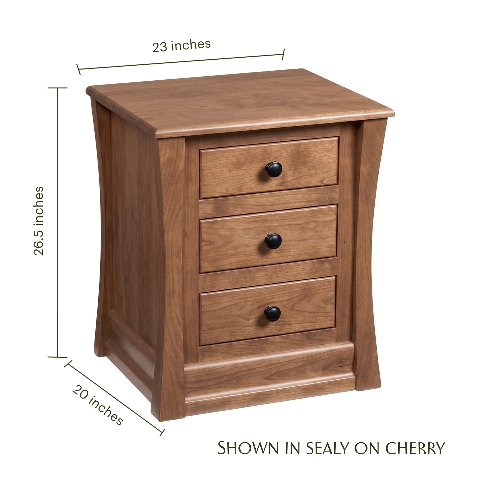 Carlisle cherry wood nursery nightstand with three drawers and dimensions.