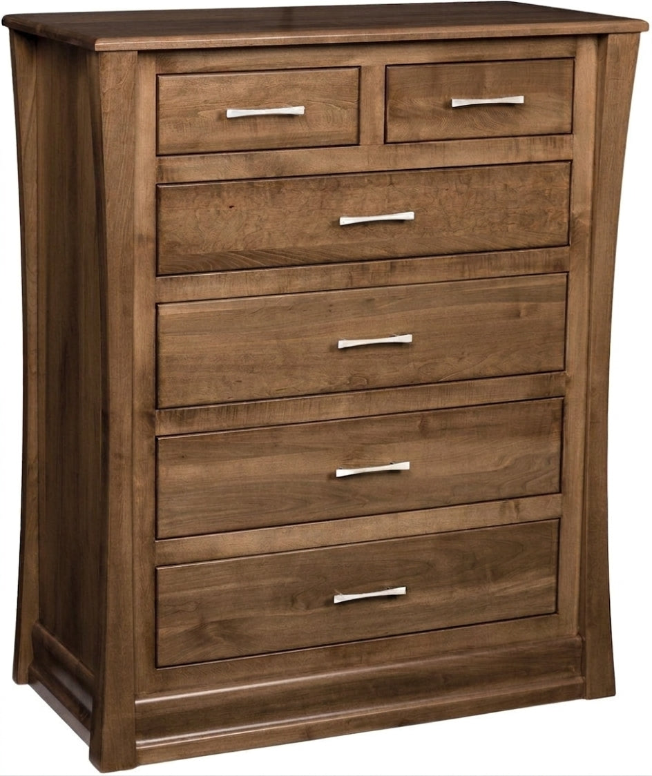 Carlisle solid hardwood nursery chest in a natural brown wood finish with silver metal drawer pulls.