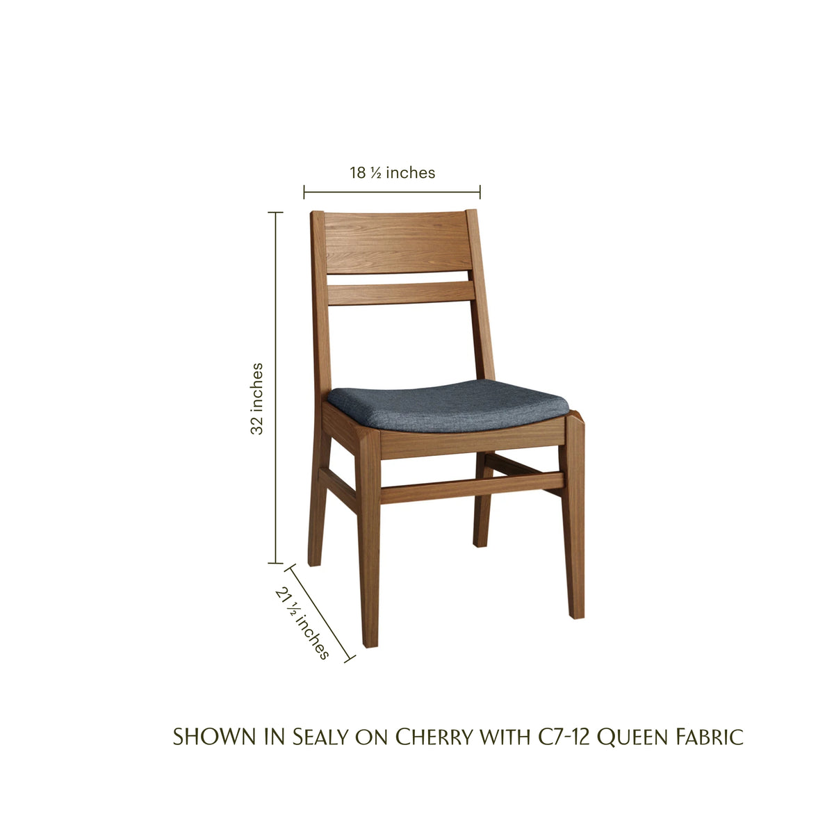 Carter cherry wood side chair with blue fabric seat and dimensions shown