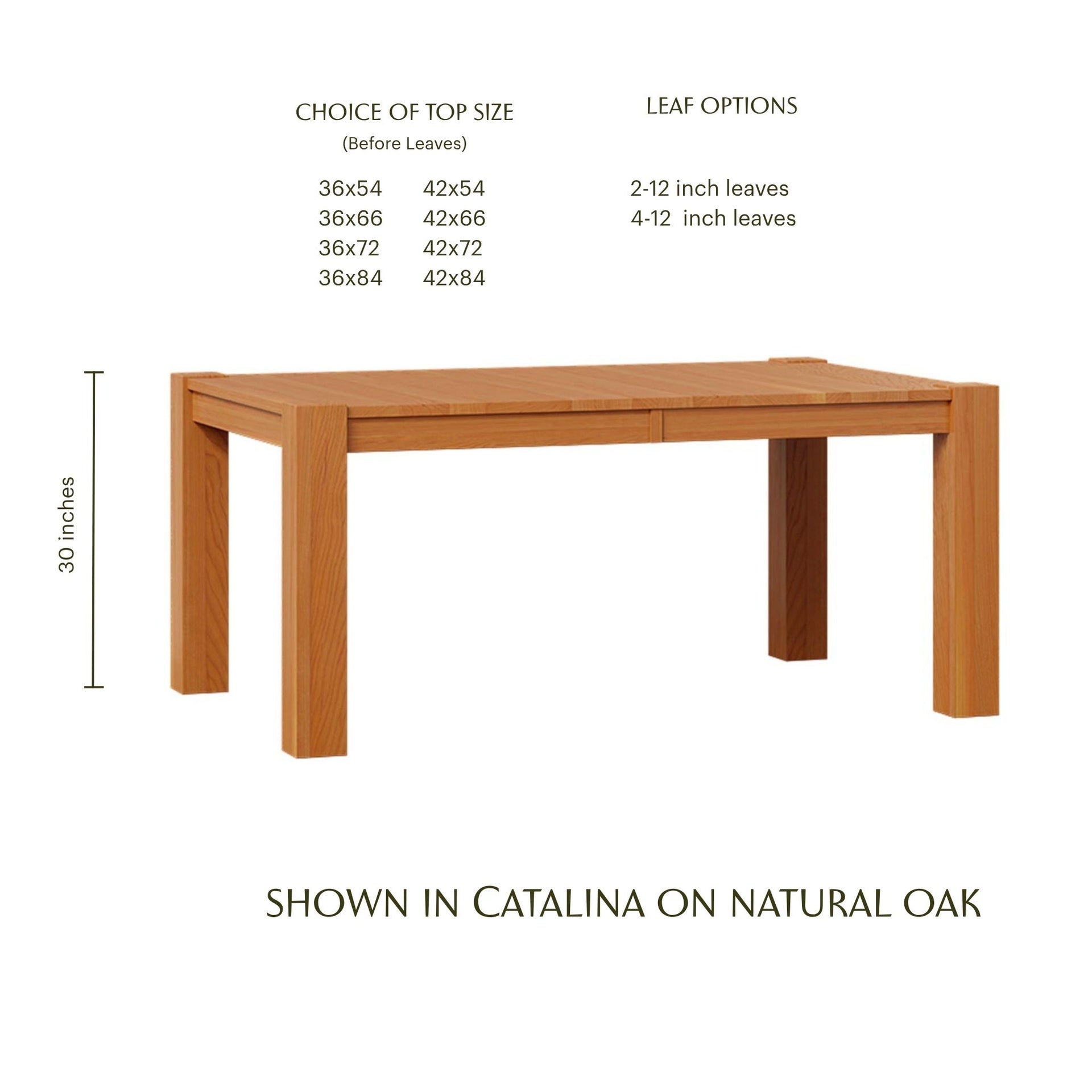 Catalina natural oak wood dining leg table with size and leaf options.