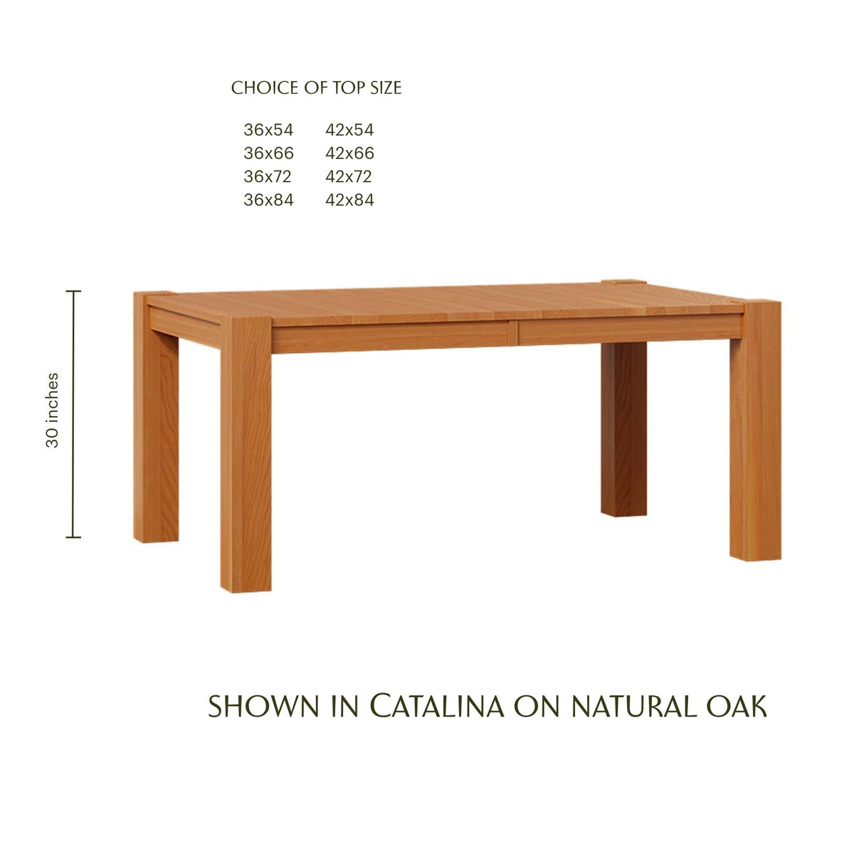 Catalina solid natural oak dining table with chunky legs and farmhouse style.