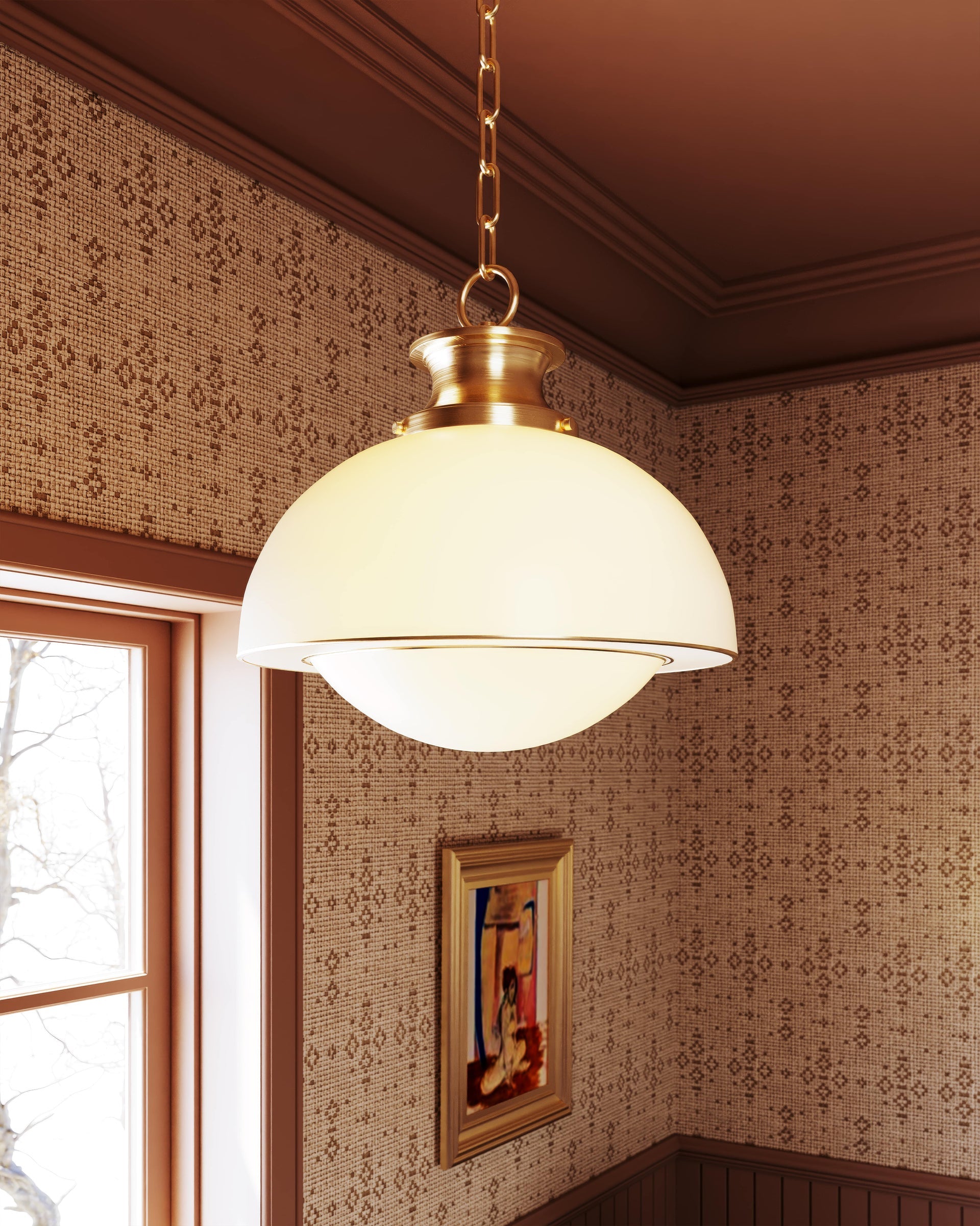 Celine mid-century pendant light with a domed opal glass shade and gold pinstripes hanging in a room.